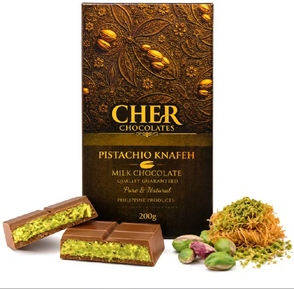 CHER. Chocolates Pistachio Knafeh Milk Chocolate Bar  200g | Crispy Knafeh & Pistachio Filling