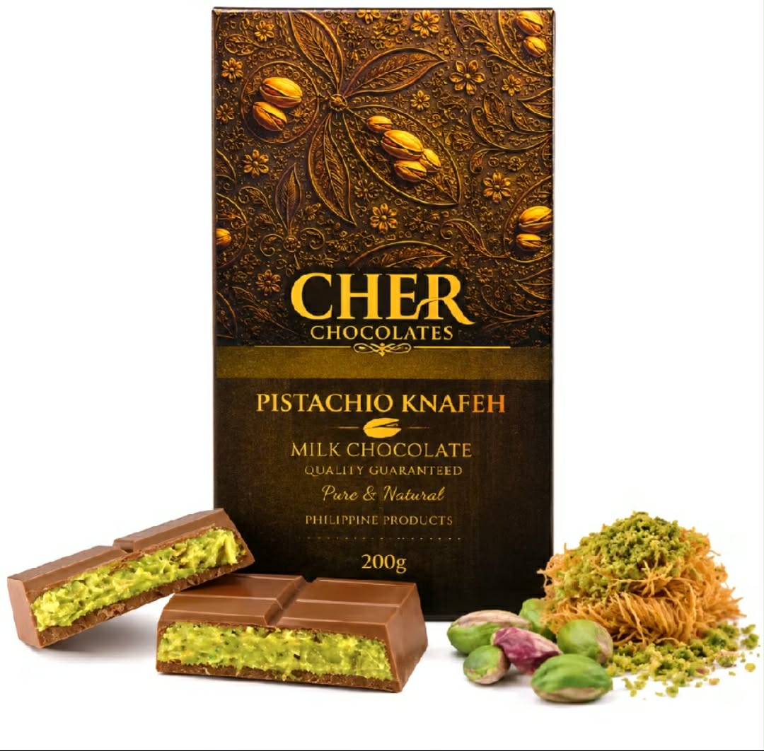 CHER. Chocolates Pistachio Knafeh Milk Chocolate Bar  200g | Crispy Knafeh & Pistachio Filling